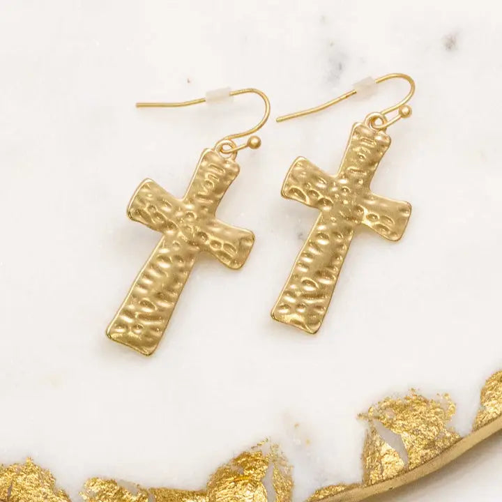 HAMMERED CROSS GOLD MATTE EARRINGS