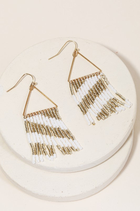 TRIANGLE CUTOUT BEADED FRINGE EARRING