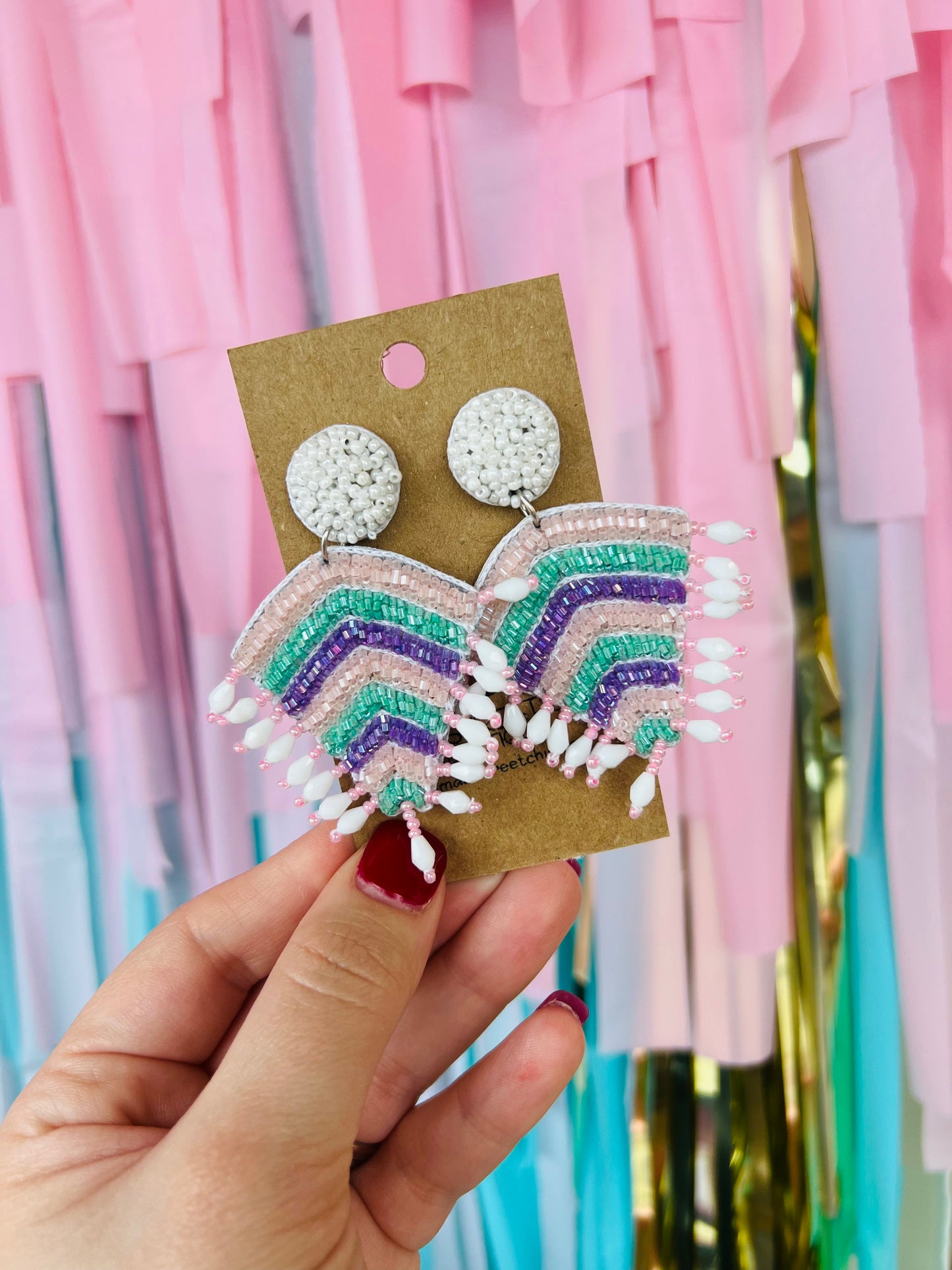 STRIPED SEED BEADED STATEMENT EARRINGS