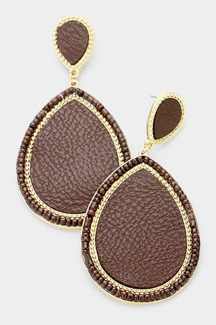 SEED BEADED TRIM LEATHER EARRINGS