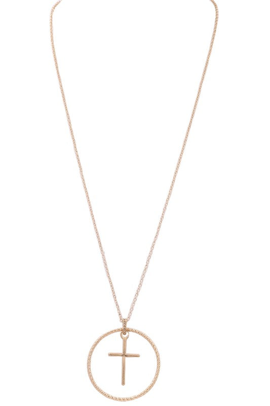 METAL CROSS RING PENDANT LONG NECKLACE