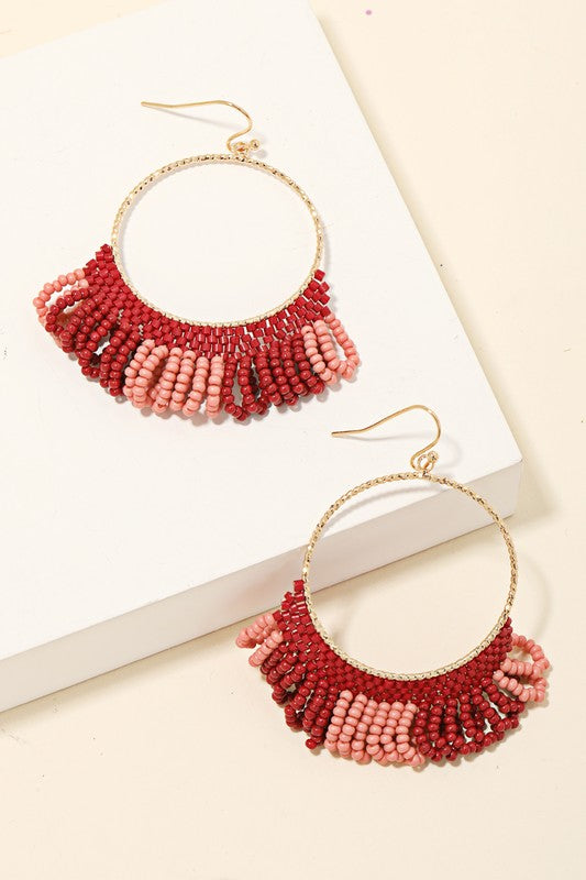 BEADED LOOP FRINGE HOOP DANGLE EARRINGS