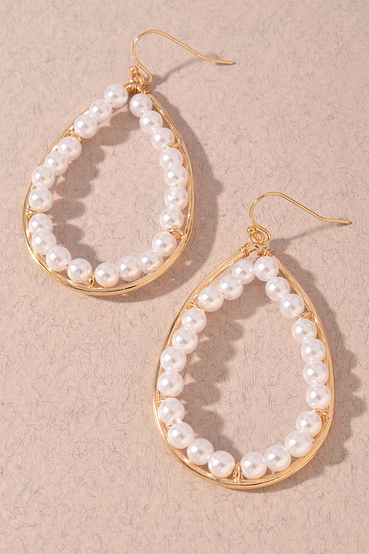 PEARL BEAD METAL TEARDROP EARRING