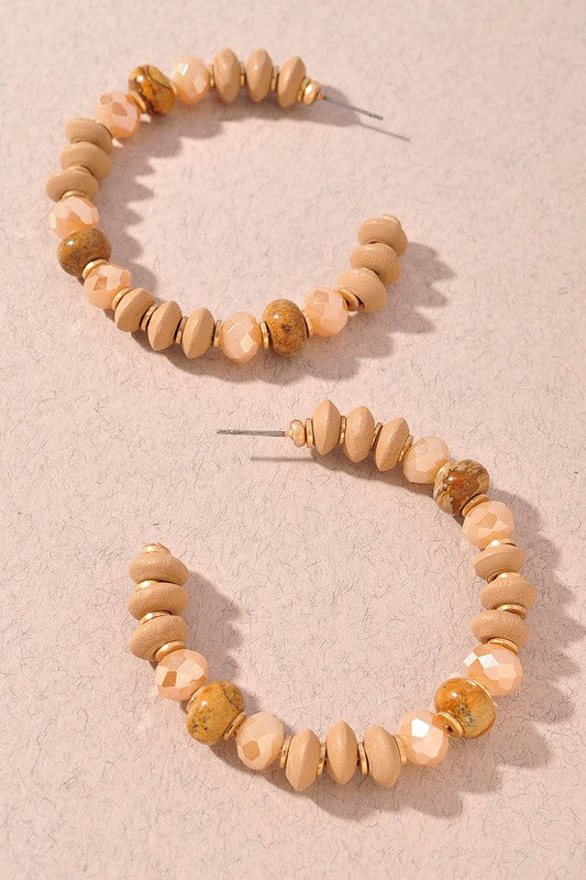 WOOD GLASS STONE BEAD HOOP EARRINGS
