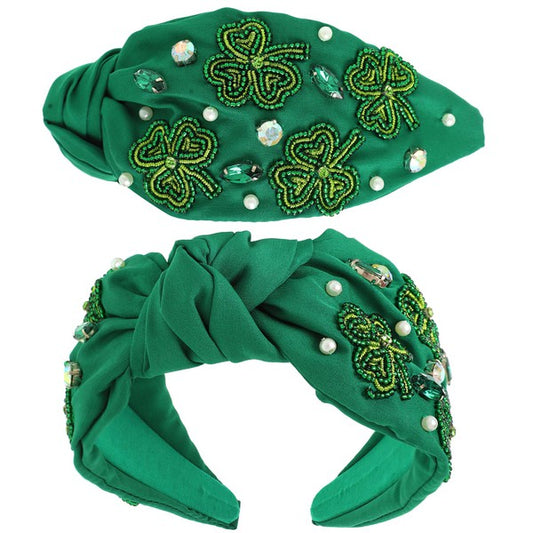 SAINT PATRICKS SHAMROCK BEADED KNOTTED HEADBAND