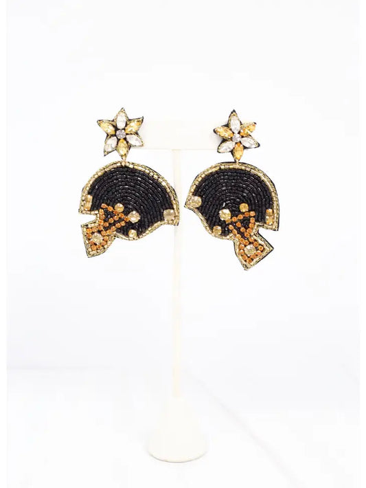 BEADED FOOTBALL HELMET EARRING - BLACK/GOLD