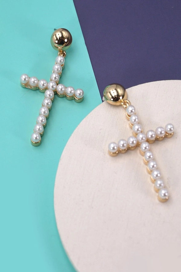 PEARL CROSS DANGLE EARRINGS