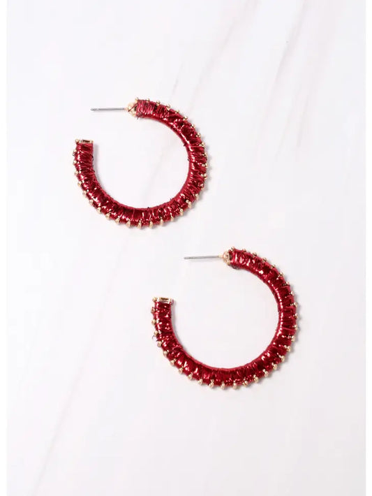TRESA TINSEL WRAPPED HOOP EARRING - DARK RED