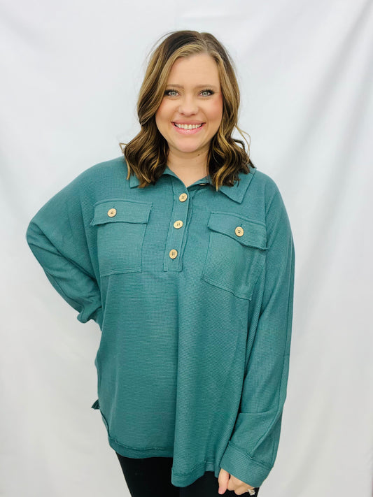 BLACK FRIDAY - SOLID WAFFLE LONG SLEEVE COLLAR TOP
