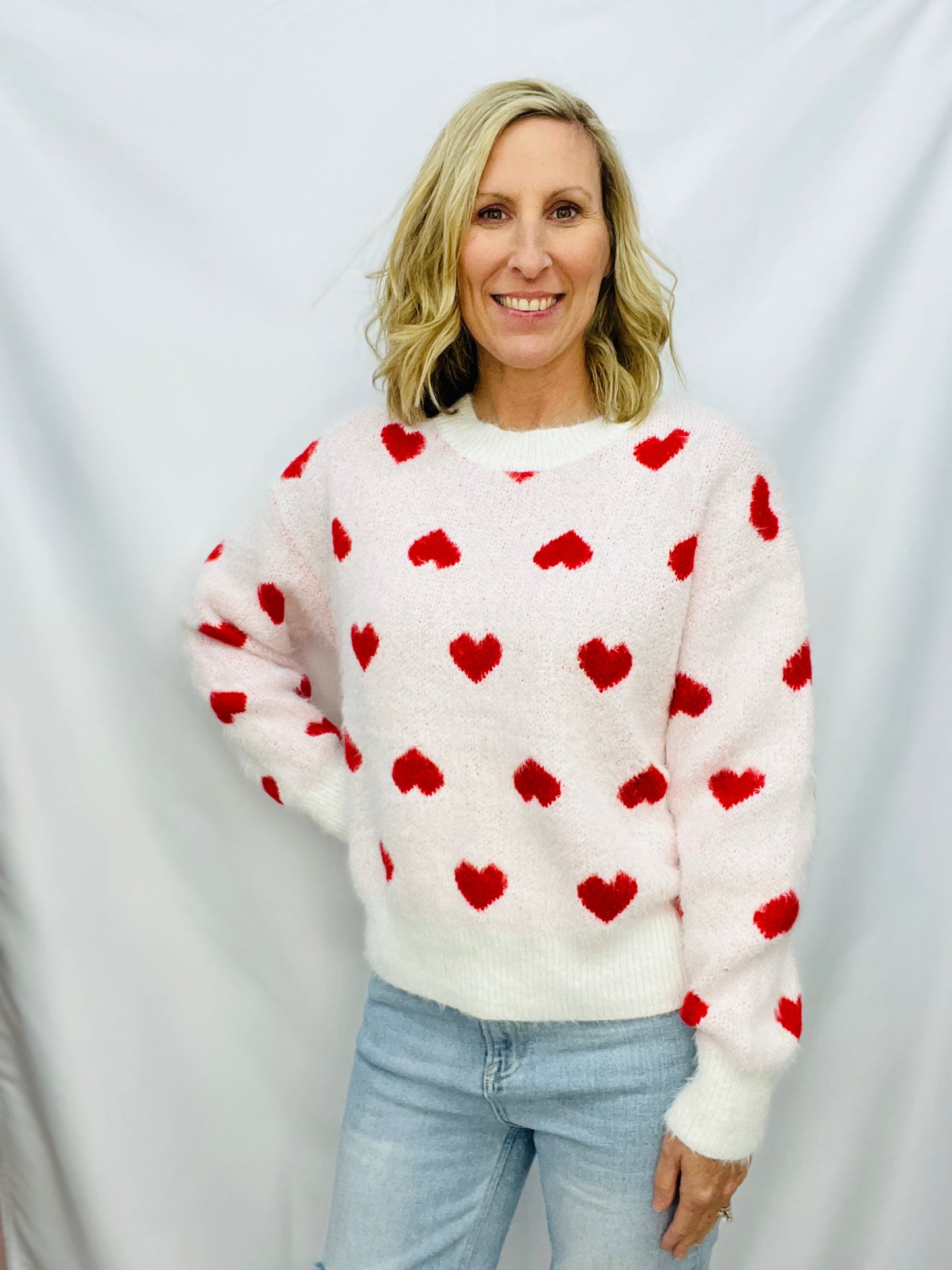 ALL OVER HEART FUZZY SWEATER