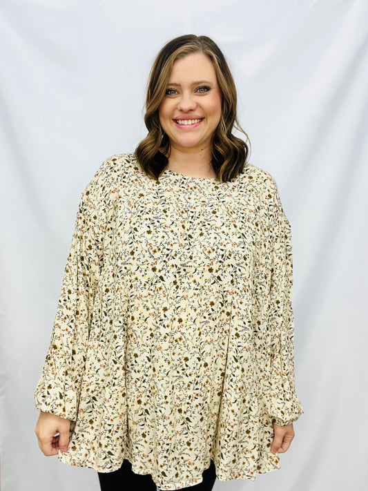 BLACK FRIDAY - PLUS SIZE DITSY PRINT ROUND NECK RUFFLE DETAIL TOP