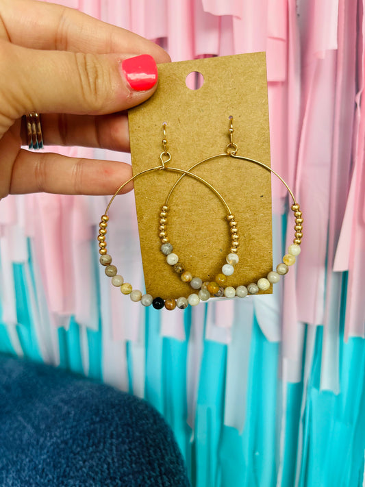 STONE/METAL BEAD HOOP DROP EARRINGS