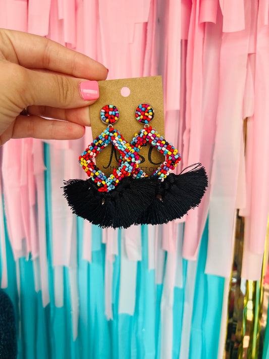 BEADED TASSEL STATEMENT EARRINGS