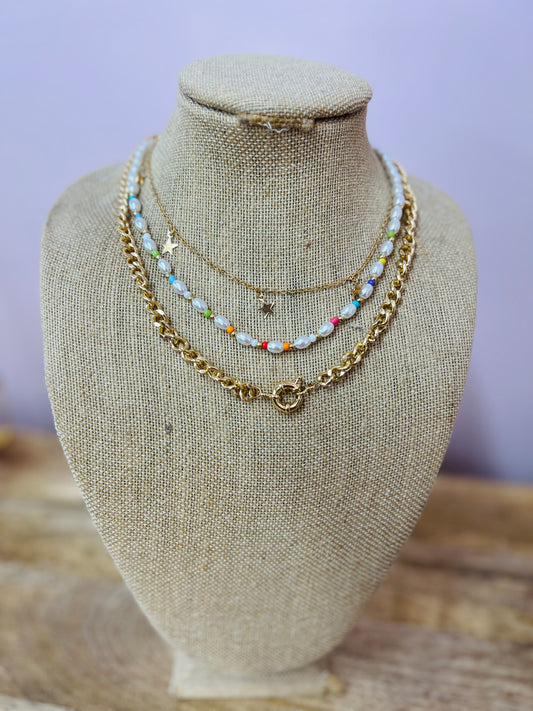 TRIPLE LAYER PEARL/GOLD NECKLACE