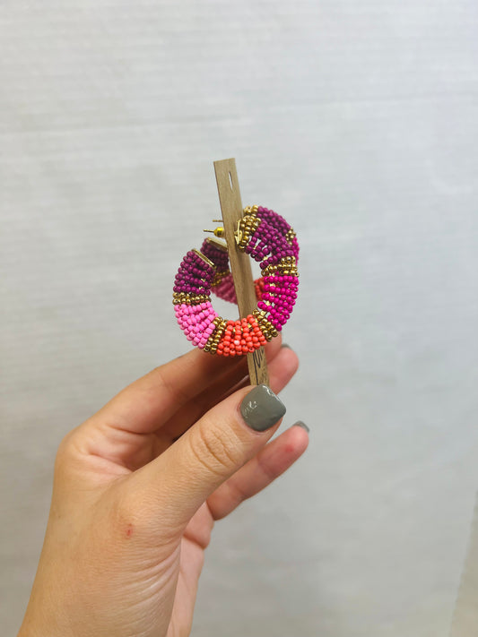 PINK AND PURPLE SEED BEAD HOOP EARRING