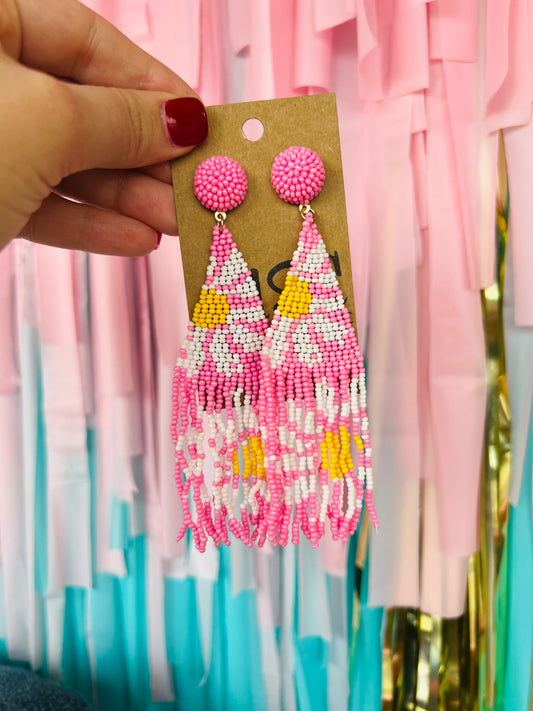 FLOWER PRINT SEED BEADED FRINGE EARRINGS