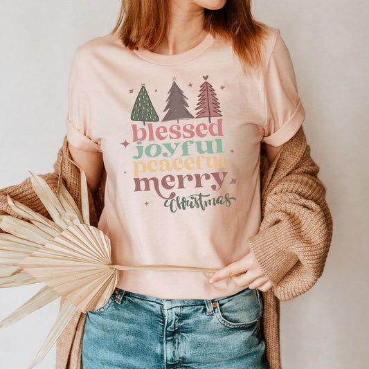 BLESSED JOYFUL PEACEFUL MERRY CHRISTMAS GRAPHIC TEE